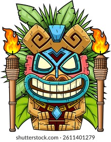 Happy Tiki Mask With Torches And Jungle Leaves - Vector Hand Drawn Illustration Isolated On Transparent Background