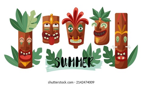 Happy Tiki totem set. Traditional wooden mask. Isolated vector illustration