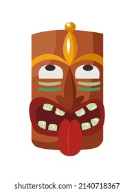 Happy Tiki totem, smiling and showing tongue. Traditional wooden mask. Isolated vector illustration