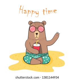 Happy time, bear cartoon cute sit on the beach and drink water, Glasses bear, background vector design.