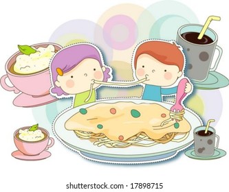 Happy Time with Cute Friends - eating delicious italian food and sweet drinks with lovely and funny little couple in snack bar on a background of colorful circle patterns : vector illustration