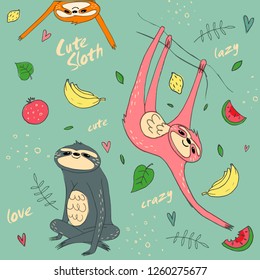 Happy time. Cute hand drawn sloth, sluggard funny vector illustrations for banner, poster, background and birthday greeting card. Bananas, fruits and leafs drawings easy editable for Your  design.