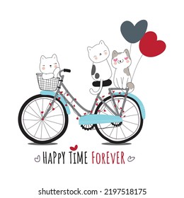 happy time forever 3 cats cycle sit t shirt graphic design vector illustration