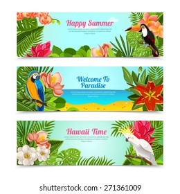 Happy time hawaii islands summer vacation horizontal posters set with tropical plants flowers abstract  isolated vector illustration