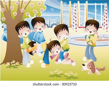 Happy Time with Kids Play Space - group of young children enjoy fun activities with cute puppy dog in the colorful playground on a background of sunny sky and green grass field : vector illustration