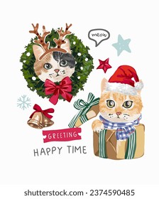 happy time slogan with cute kittens in present box and christmas wreath vector illustration