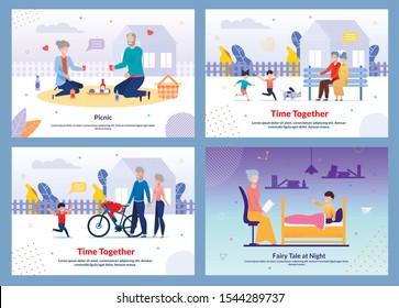 Happy Time Together on Weekends Motivate Banner Set. Picnic, Active Outdoors Recreation, Reading Fairy Tale at Night. Grandfather, Grandmother and Grandchildren Design. Cartoon Vector Illustration
