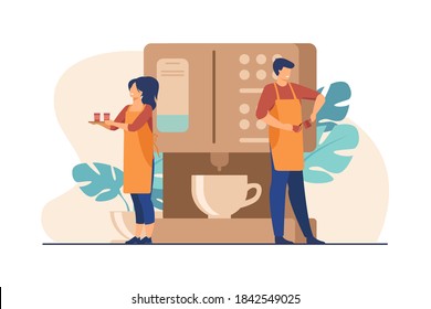 Happy tiny barista making coffee at huge machine. Waitress holding tray with paper cups flat vector illustration. Coffee break, street food, summer concept for banner, website design or landing page