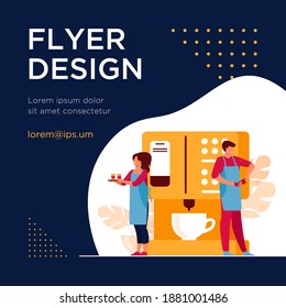 Feliz pequeño barista haciendo café en una enorme máquina. Bandeja de retención de camarera con tazas de papel de ilustración vectorial plana. Descanso de café, comida callejera, concepto de verano para banner, diseño de sitios web o página de aterrizaje