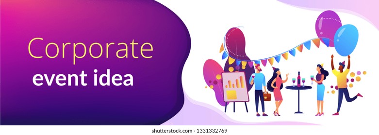 Happy tiny business people dancing, having fun and drinking wine. Corporate party, team building activity, corporate event idea concept. Header or footer banner template with copy space.
