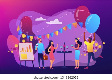 Happy tiny business people dancing, having fun and drinking wine. Corporate party, team building activity, corporate event idea concept. Bright vibrant violet vector isolated illustration