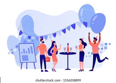 Happy tiny business people dancing, having fun and drinking wine. Corporate party, team building activity, corporate event idea concept. Pinkish coral bluevector isolated illustration