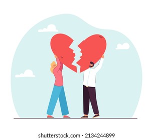 Happy tiny cartoon couple holding two halves of broken heart. Man and woman fixing heart together flat vector illustration. Relationship, love, breakup concept for banner or landing web page