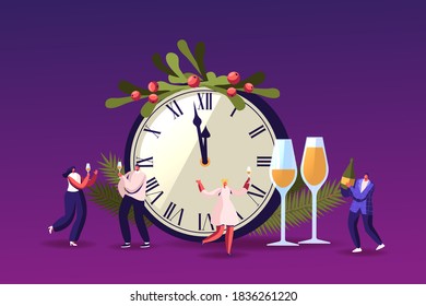 Herzlichen Glückwunsch Winzige Charaktere, die Spaß haben und Champagner trinken in der riesigen Chiming-Uhr mit Spruce Branches, Menschen Gruß und Tanzen feiern Neujahr, Gratulation Konzept. Cartoon-Vektorgrafik