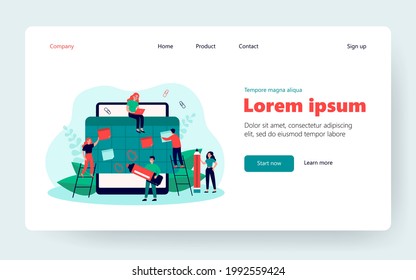 Happy tiny employees making organizer or schedule in big tablet flat vector illustration. Cartoon students organizing planner in app. Event appointment and communication concept