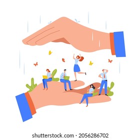 Happy Tiny Employees Sitting and Working on Huge Boss Hands. Office Characters Under Protection of Leader, Safety at Work, Relaxed Atmosphere, Benefits for Staff. Cartoon People Vector Illustration