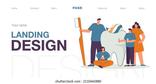 Happy tiny family and giant white tooth. Flat vector illustration. Mother, father and kids caring about big molar, brushing it with paste. Dental care, stomatology, health, family concept for design