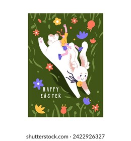 Happy tiny girl rides on cute easter bunny. Funny rabbit with kid fun. Amusing hare with bell runs on flower meadow. Paschal congratulation card in fairytale style. Childish flat vector illustration
