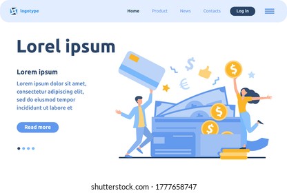 Happy tiny man and woman with big open wallet flat vector illustration. Isolated young guy holding plastic card and girl with coin. Salary, credit balance and budget concept