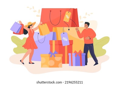 Happy tiny man and woman with shopping bags and huge gift boxes. Cartoon shopaholics going on shopping spree flat vector illustration. Shopping, sale concept for banner, website design or landing