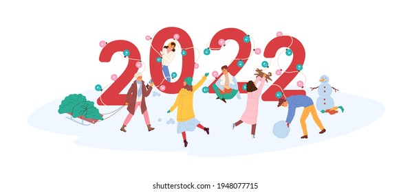 Happy tiny people celebrating New Year 2022. Christmas celebration of merry characters near big numbers decorated with festive garland. Colored flat vector illustration isolated on white background