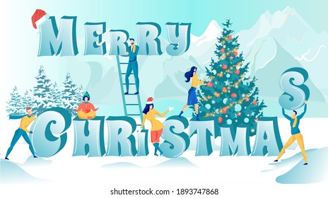 Happy Tiny People Creating Lettering Merry Christmas with Huge Letters. Greeting Poster with Natural Landscape, Snow Covered Mountains on Backdrop. Woman Decorating Xmas Tree. Vector Illustration