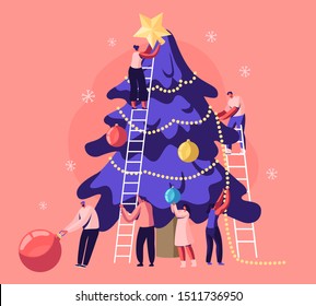 Happy Tiny People Decorate Huge Christmas Tree Together Prepare for Winter Holidays Celebration. Friends Hanging Balls and Star on Top of Spruce, New Year Celebrating Cartoon Flat Vector Illustration