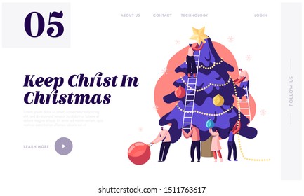 Happy Tiny People Decorate Huge Christmas Tree Website Landing Page. Friends Hanging Balls and Star on Spruce for New Year Winter Holidays Celebration Web Page Banner. Cartoon Flat Vector Illustration