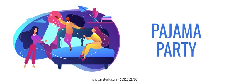 Happy Tiny People Female Teens Pillow Fight In Bedroom At Slumber Party. Pajama Party, Friends Sleepover, Slumber Night Party Concept. Header Or Footer Banner Template With Copy Space.