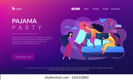 Happy Tiny People Female Teens Pillow Fight In Bedroom At Slumber Party. Pajama Party, Friends Sleepover, Slumber Night Party Concept. Website Vibrant Violet Landing Web Page Template.