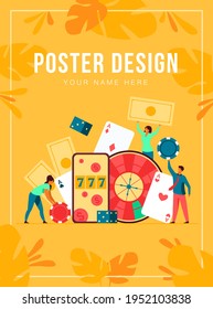 Happy tiny people gambling in online casino isolated flat vector illustration. Cartoon characters playing in roulette, poker, blackjack. Money and risk concept