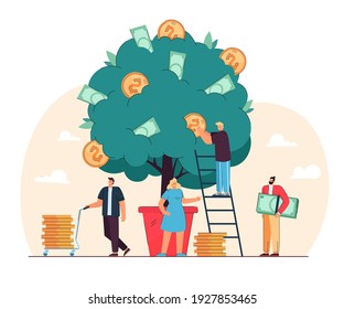 Happy tiny people growing money tree isolated flat vector illustration. Cartoon characters investing finances for revenue growth. Business prosperity, wealth and agriculture concept