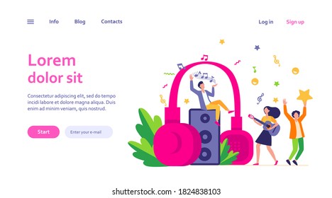 Happy tiny people listening spiritual music near huge headphones flat vector illustration. Young guy holding star and girl playing guitar. Lifestyle and technology concept