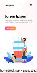 Happy tiny people making coffee in French press. Sugar, morning, aroma flat vector illustration. Hot beverages and coffee break concept for banner, website design or landing web page