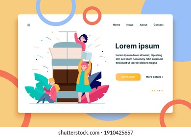 Happy tiny people making coffee in French press. Sugar, morning, aroma flat vector illustration. Hot beverages and coffee break concept for banner, website design or landing web page