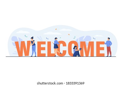 Happy tiny people near huge welcome word flat vector illustration. Cartoon office team members celebrating and greeting together. Graphic design for poster and celebration concept