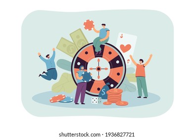 Happy tiny people playing casino roulette flat vector illustration. Cartoon characters winning money in online casino. Gambling business, risk and fortune concept