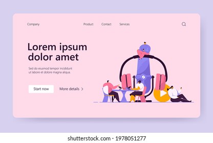 Happy tiny people sitting and listening radio podcast isolated flat vector illustration. Cartoon man and woman with headsets talking on interview. sound technology and online broadcasting concept