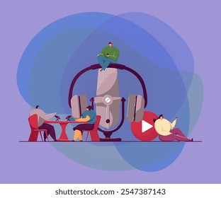 Happy tiny people sitting and listening radio podcast isolated flat vector illustration. Cartoon man and woman with headsets talking on interview. sound technology and online broadcasting concept