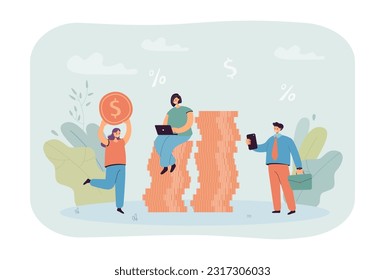 Gente pequeña feliz con pilas de monedas de oro planeando presupuesto. Personas de oficina que pagan impuestos, préstamos, facturas, ilustración vectorial de deudas. Finanzas, gestión, negocios, riqueza, concepto de éxito