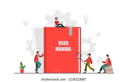 Happy tiny people standing near user manual book, guide instruction or textbooks with magnifying glass, specifications user guidance document, flat vector illustration