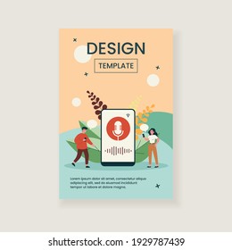 Happy tiny people using voice assistant isolated flat vector illustration. Cartoon characters standing near big smartphone with speaker. Software and digital technology concept