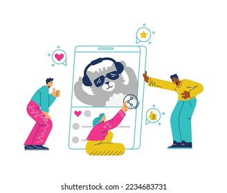 Gente pequeña feliz viendo gatos graciosos en la pantalla plana del teléfono móvil enorme, ilustración vectorial aislada en fondo blanco. Concepto de contenido viral, me gusta y republica, comentarios