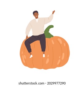 Happy tiny person sitting on huge fresh pumpkin. Smiling man with big autumn vegetable. Farmer and his organic harvest. Colored flat vector illustration of veggie seller isolated on white background