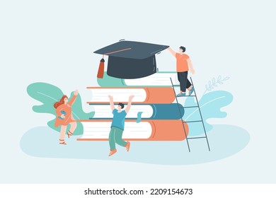 Happy tiny students with huge books and graduation hat. Cheerful university people, man on ladder flat vector illustration. Education, knowledge, graduation concept for banner or landing web page