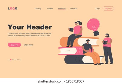 Happy tiny students reading books flat vector illustration. Cartoon bookworm people sitting or standing near big pile of books. Library and education concept