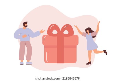 Happy tiny vector tiny man give for woman present box. Male and female character show big birthday gift in festive packaging. Flat cartoon illustration romantic valentine day.