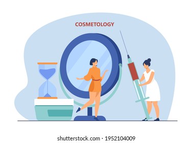 Happy tiny woman getting injection against wrinkles. Mirror, syringe, cream flat vector illustration. Cosmetology and beauty concept for banner, website design or landing web page
