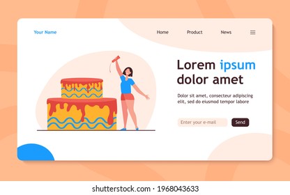 Happy tiny woman glazing cake with chocolate. Sweet, party, food flat vector illustration. Desserts and decoration concept for banner, website design or landing web page