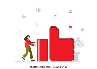 Una pequeña mujer feliz sosteniendo un botón como en las redes sociales, me gusta el uno al otro, ilustración vectorial plana